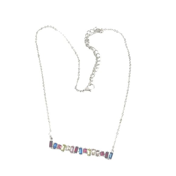 Silver-Tone Chain Necklace With Multi-Color Gem Accents & Abstract Bar Pendant - Picture 1 of 10